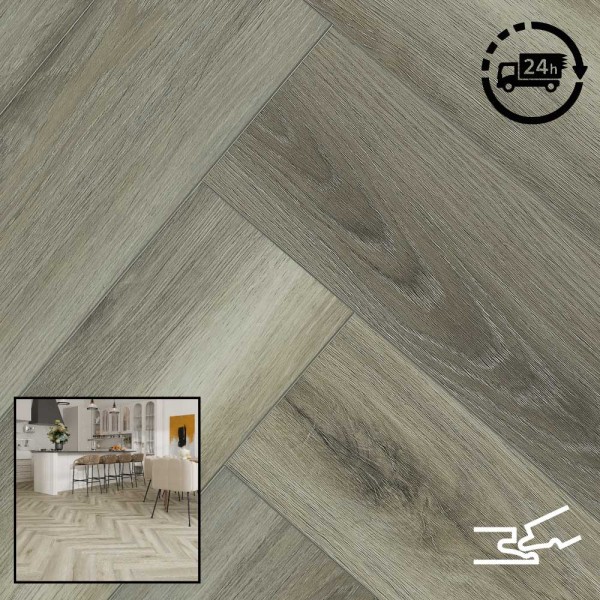 SPC Herringbone Click Flooring (Natural Oak) 5mm + 1mm Underlay Layer  Sold per Sq M - Vinyl Tile - Rigid Core Stone Polymer Composite Waterproof Click Tonge & Groove Luxury Vinyl Tile Flooring Oak